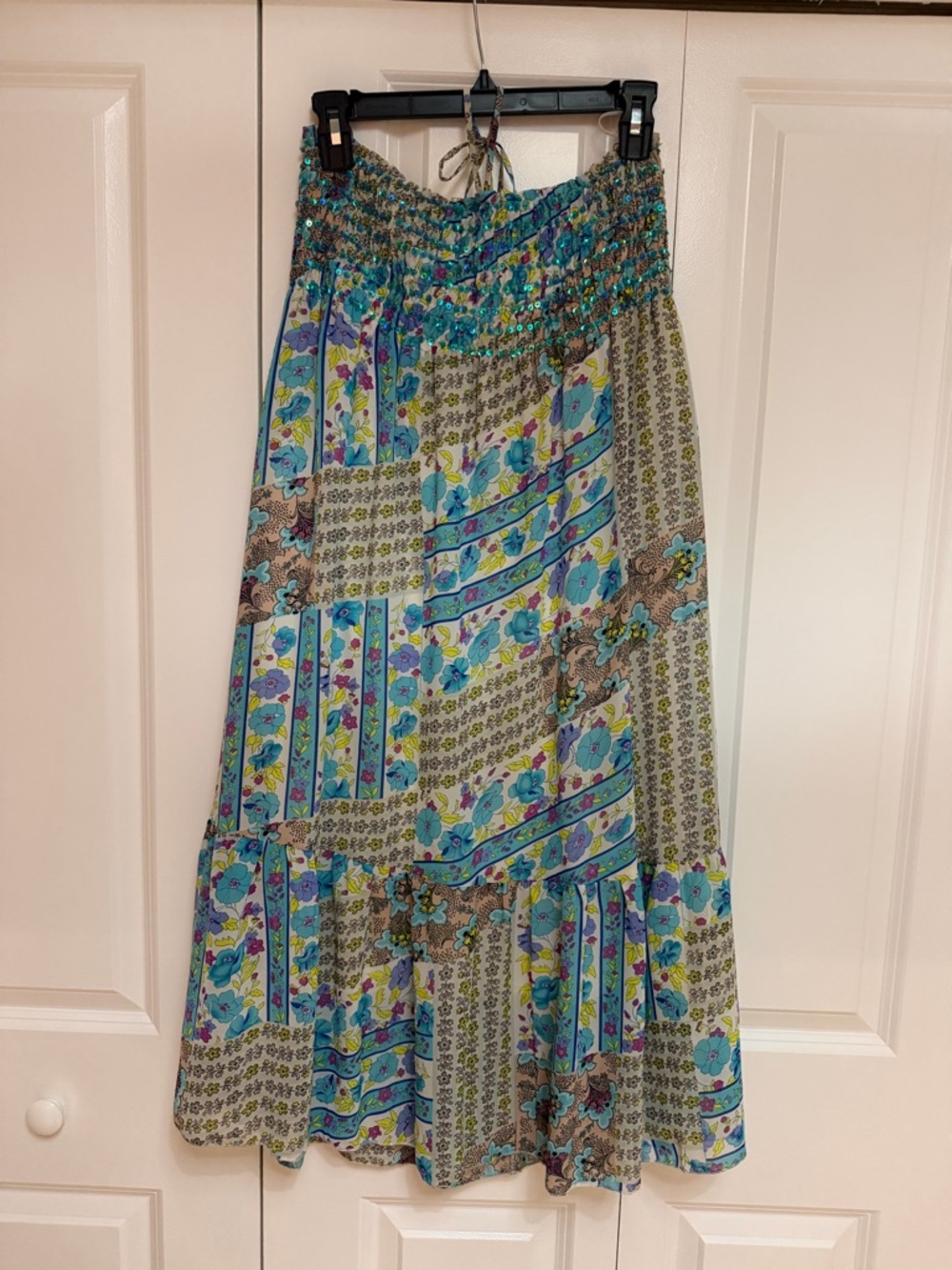 Boho Patchwork Floral Halter Dress Sequin Detail Tie Neck Medium
